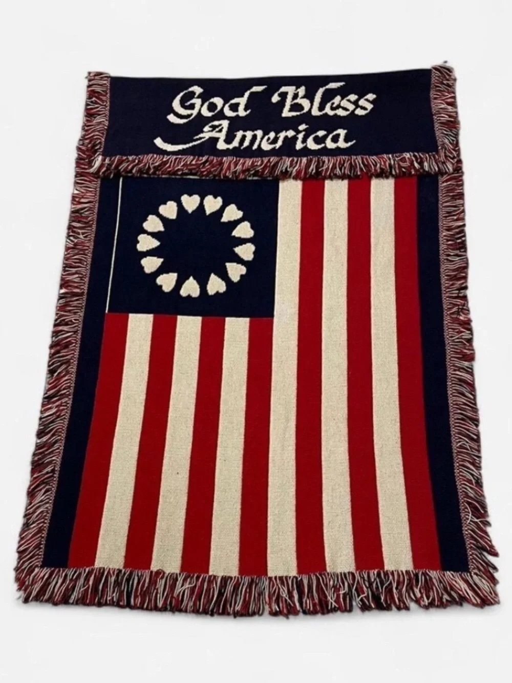 Vintage Americana God Bless America Woven Cotton Fringe Tapestry Wall Decor